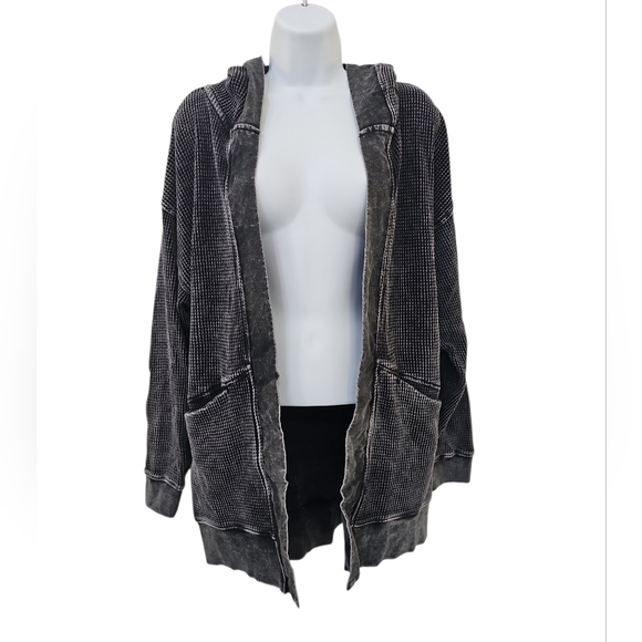 Mono B Sweaters - Mono B Acid Wash Black Hoodie Waffle Knit Size M Open Front Bohemian